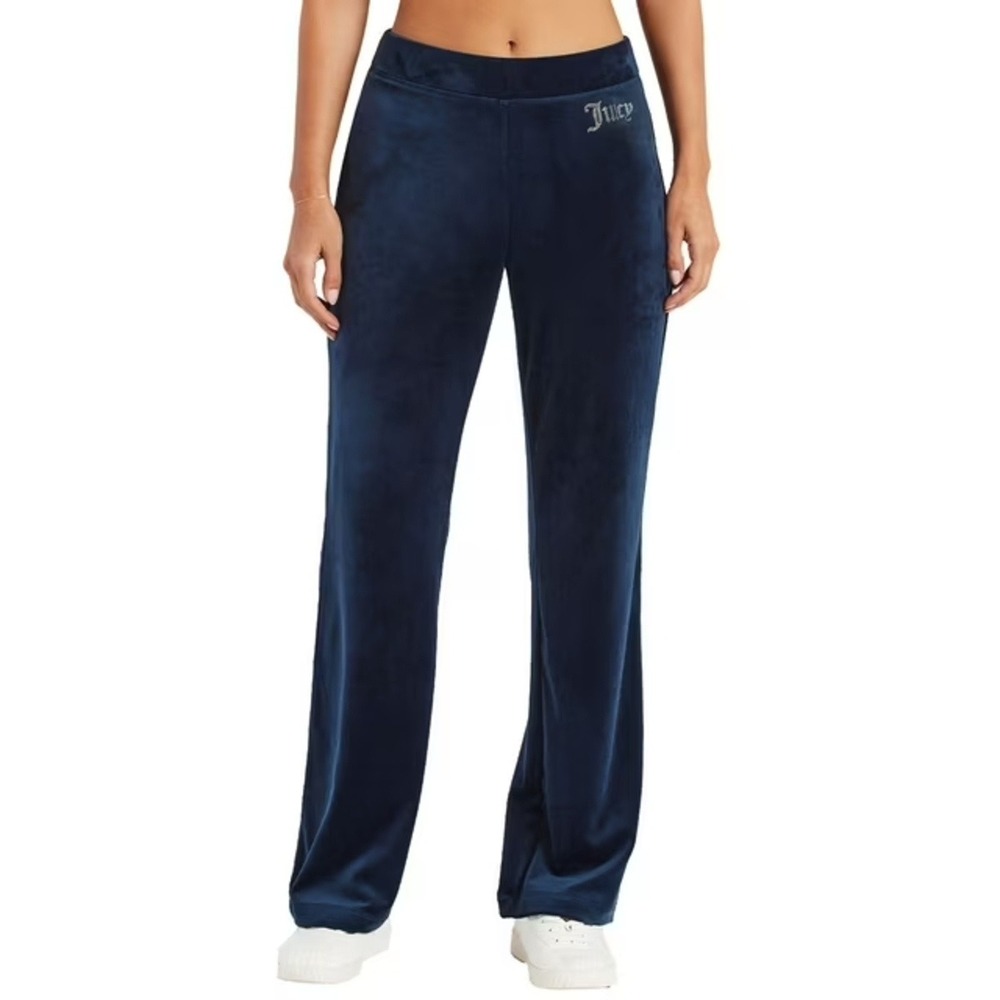 Juicy Couture Womens Velour Track Pant Size Medium Navy Blue Rhinestone Wide Leg